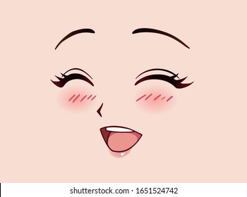 Happy anime face. Manga style closed eyes, little nose and kawaii mouth. Blushy cheeks. Hand drawn vector illustration.