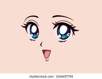 Happy anime face. Manga style big blue eyes, little nose and kawaii mouth. Hand drawn vector illustration.