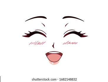 Happy anime face. Manga style closed eyes, little nose and kawaii mouth. Blushy cheeks. Hand drawn vector illustration.