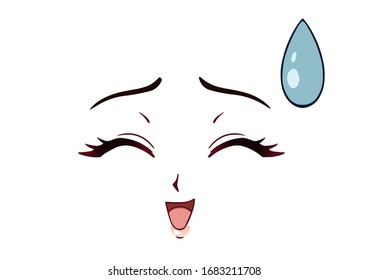 Happy anime face. Manga style closed eyes, little nose and kawaii mouth. Hand drawn vector illustration. Isolated on white