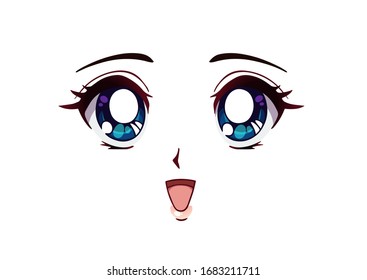 Happy anime face. Manga style big blue eyes, little nose and kawaii mouth. Hand drawn vector illustration. Isolated on white.