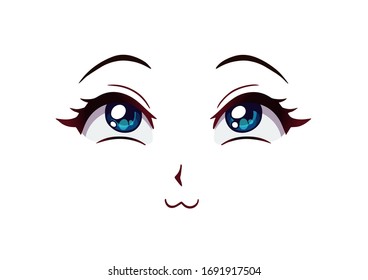 Happy anime face. Manga style big blue eyes, little nose and kawaii mouth. Hand drawn vector illustration.