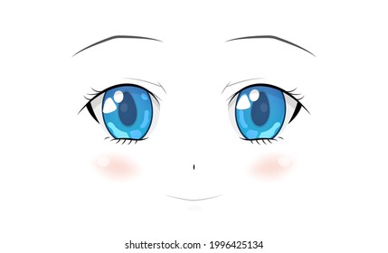 Happy anime face. Manga style big blue eyes, little nose and kawaii mouth. Hand drawn vector illustration. Isolated on white.