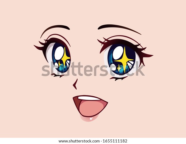 アニメの顔がうれしい まんが風の大きな青い目 小さな鼻 大きなかわいい口 彼女の目には黄色い輝きが輝く 手描きのベクターイラスト のベクター画像素材 ロイヤリティフリー