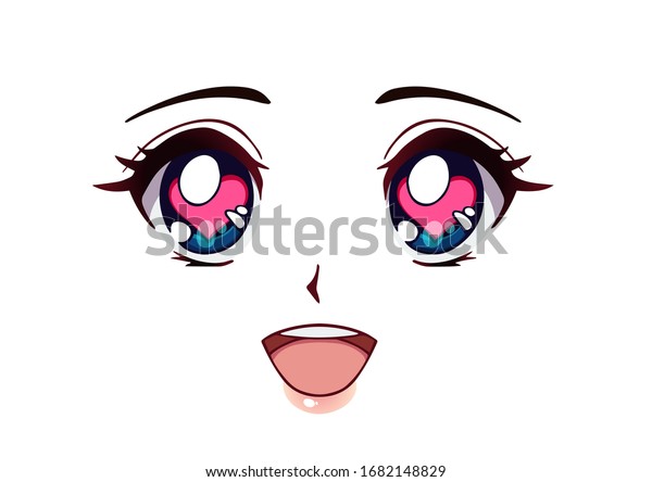 アニメの顔がうれしい まんが風の大きな青い目 小さな鼻 大きなかわいい口 彼女の目の心 手描きのベクターイラスト のベクター画像素材 ロイヤリティ フリー 1614
