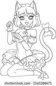 Happy anime girl with cat ears. Vector outline for coloring page