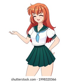 Happy anime manga girl with red hair wearing school uniform isolated on white background. Empty space for banner text
