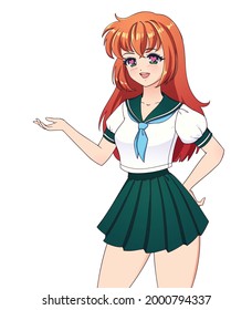 Happy anime manga girl with red hair wearing school uniform isolated on white background. Empty space for banner text