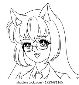 Happy anime neko girl with cute cat ears and wearing glasses. Icon portrait. Contour vector illustration. Black lines isolated on white.