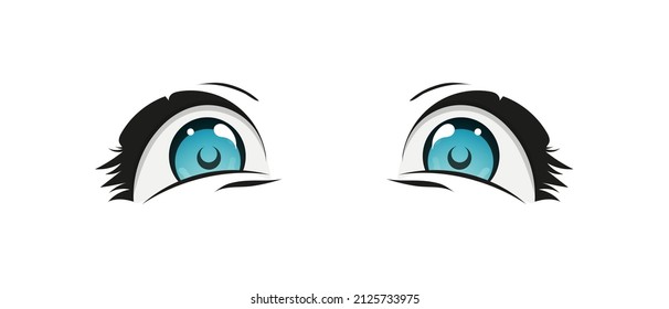 Happy anime style big blue eyes with sparkles. Hand drawn vector illustration. Isolated on white background.