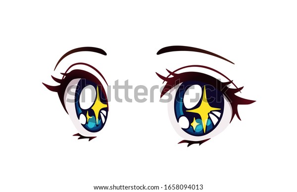 幸せなアニメスタイルの大きな青い目と輝き 手描きのベクターイラスト 白い背景に のベクター画像素材 ロイヤリティフリー