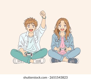 Happy anime teenagers playing a video game. The boy raises his fist triumphantly while the girl smiles excitedly. Comfortable and relaxed atmosphere.