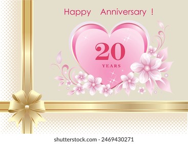 Feliz aniversario 20 años. Diseño de Vector de fondo floral con corazón y cinta de oro para celebraciones, felicitaciones y tarjeta de felicitación. Ilustración vectorial