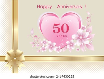 Happy Anniversary 50 years. Vector design of floral background with heart and gold ribbon for celebrations, congratulations and greeting card. Vector illustration