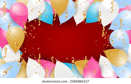 Happy Anniversary background with realistic balloons. Vector happy Anniversary realistic template design. Confetti background with flying different colour balloon and text. Vector illustration.