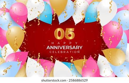 Happy Anniversary background with realistic balloons. Vector happy Anniversary realistic template design. Confetti background with flying different colour balloon and text. Vector illustration.