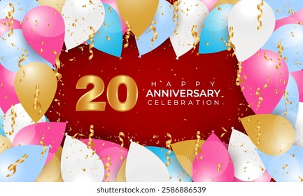 Happy Anniversary background with realistic balloons. Vector happy Anniversary realistic template design. Confetti background with flying different colour balloon and text. Vector illustration.