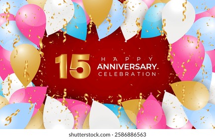 Happy Anniversary background with realistic balloons. Vector happy Anniversary realistic template design. Confetti background with flying different colour balloon and text. Vector illustration.