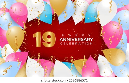 Happy Anniversary background with realistic balloons. Vector happy Anniversary realistic template design. Confetti background with flying different colour balloon and text. Vector illustration.