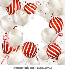 Happy Anniversary background.Greeting card with balloons, candy cane, serpentine, confetti. Concepts for social networks, promotional sales.Vector.