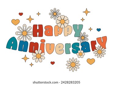 Happy anniversary badge. Vector illustration. Vintage design. Social media style. Grow positive thoughts Good vibes. Boho Summer Flower Power Flower surface design. Retro 70s 60s Hippie Groovy Flower