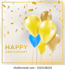 Happy anniversary with balloon and falling ribbon confetti. Celebrate, vector as illustration.