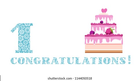 Happy anniversary. Big berry cake and number 1 on white background. The inscription in English " congratulations!" It's a little boy's birthday. Color card. 