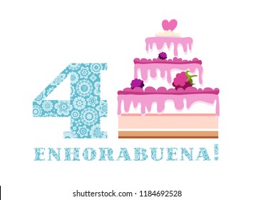Happy anniversary. Big berry cake and number 4 on white background. The inscription in Spanish " congratulations!". A little boy's birthday. Color card. 