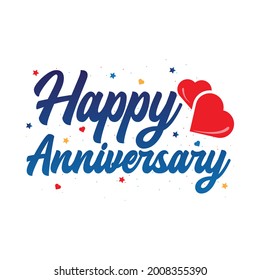 Happy anniversary calligraphy design. Happy anniversary calligraphy with blue color shade. Happy anniversary vector illustration with red love shape.