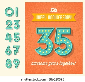 Happy Anniversary card or banner design with set of lighted retro numbers. easy to edit.
