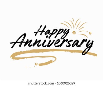 Happy Anniversary card. Beautiful greeting banner poster calligraphy inscription black text word gold ribbon. Hand drawn design. Handwritten modern brush lettering white background isolated vector