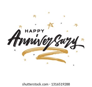 Happy Anniversary Card. Beautiful greeting banner poster calligraphy black text word gold ribbon. Hand drawn design. Handwritten modern brush lettering white background isolated