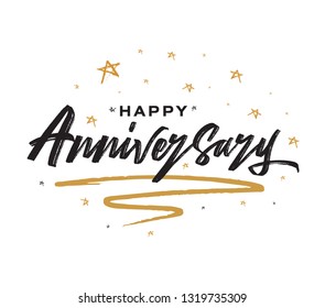 Happy Anniversary Card. Beautiful greeting banner poster calligraphy black text word gold ribbon. Hand drawn design. Handwritten modern brush lettering white background isolated