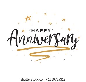 Happy Anniversary Card. Beautiful greeting banner poster calligraphy black text word gold ribbon. Hand drawn design. Handwritten modern brush lettering white background isolated