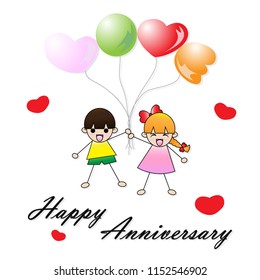 Happy anniversary card, floating couple with balloons, vector images
