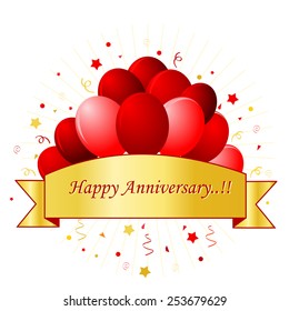 Happy Anniversary card in red letters with beautiful red balloons and confetti on white background with golden banner / frame. For personal wedding event or anniversaries.