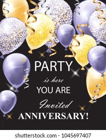 Happy Anniversary card with shinny balloons. Festive party background realistic Vector