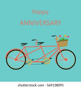 Happy anniversary card. Tandem bicycle, basket with tulips and daffodils. Vector illustration.