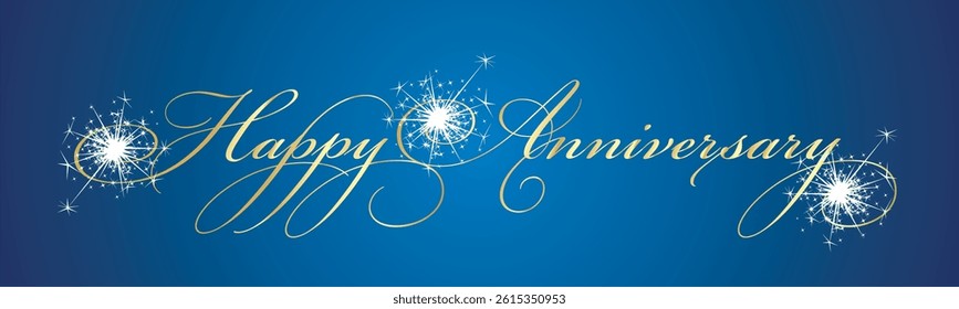Happy Anniversary celebration beautiful golden white light elegant brush script calligraphy typography with sparkle firework on blue background banner