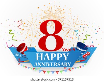 Happy Anniversary celebration with fireworks and confetti