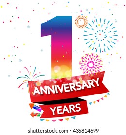 Happy Anniversary celebration with fireworks and confetti