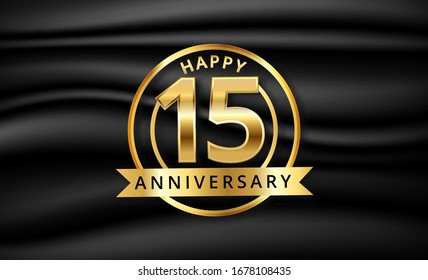 Happy Anniversary celebration. Golden number 15 with streamer ribbon on black satin texture. Vector festive illustration. Birthday or wedding party event greeting card, invitation