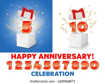 Happy anniversary celebration vector illustration. White open gift boxes with gold serpentine and confetti explosion, red numerals from 0 to 9 and text. Anniversary construction kit for card, banner.