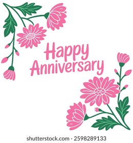 Happy Anniversary concept vector illustration. Pink flower frame and green leaves.