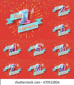 Happy anniversary congratulation cards pack. Glass bulb number with ribbon and party decoration on the colorful background