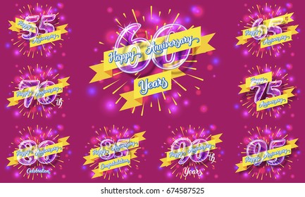 Happy anniversary congratulation cards pack. Glass bulb number with ribbon and party decoration on the colorful background