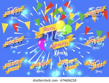 Happy anniversary congratulation cards pack. Glass bulb numbers with ribbon on the colorful neon background