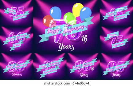Happy anniversary congratulation cards pack. Glass bulb numbers with ribbon on the colorful neon background