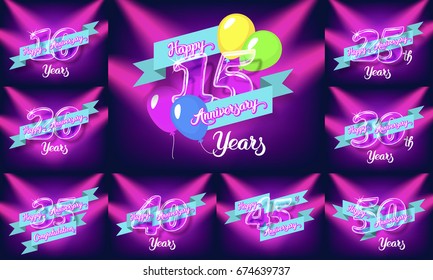 Happy anniversary congratulation cards pack. Glass bulb numbers with ribbon on the colorful neon background