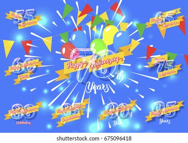 Happy anniversary congratulation cards pack. Glass bulb numbers with ribbon on the colorful neon background